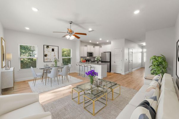 Dining room, Interior, Kitchen, Living room, Recessed Lighting, Stainless Steel Appliances, Wood Texture Flooring