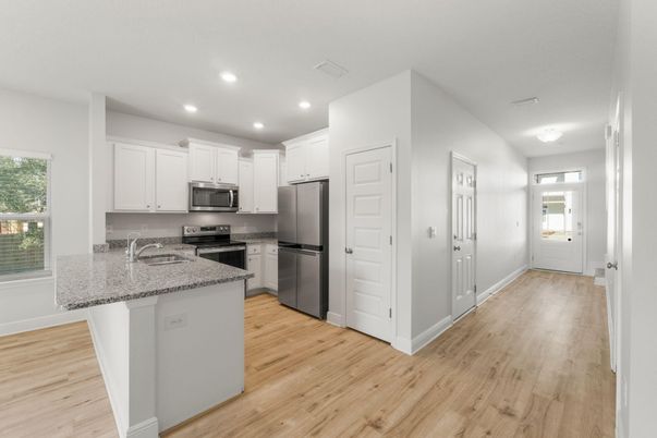 Interior, Kitchen, Recessed Lighting, Stainless Steel Appliances, Wood Texture Flooring