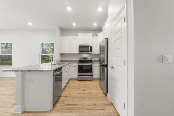 Interior, Kitchen, Recessed Lighting, Stainless Steel Appliances, Wood Texture Flooring