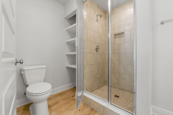 Bathroom, Glass Shower, Interior, Wood Texture Flooring