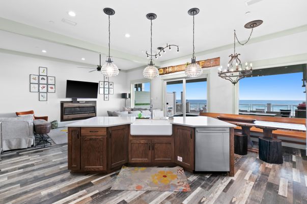 Dining room, Interior, Kitchen, Pendant Lights, Recessed Lighting, Water, Wood Texture Flooring
