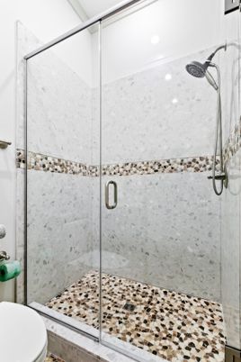 Bathroom, Glass Shower, Interior, Marble Walls, Recessed Lighting
