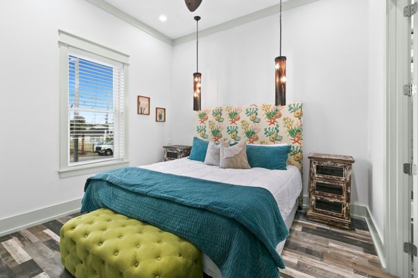 Bedroom, Interior, Pendant Lights, Recessed Lighting, Wood Texture Flooring