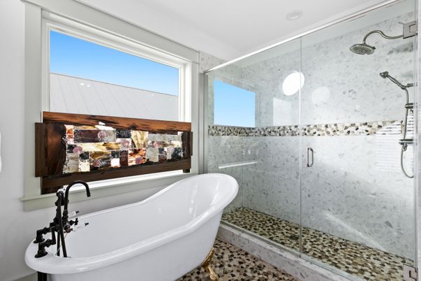 Bathroom, Free Standing Baths, Glass Shower, Interior, Marble Walls, Recessed Lighting