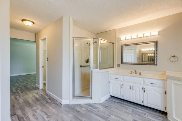Bathroom, Glass Shower, Interior, Wood Texture Flooring