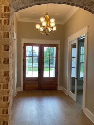 Chandelier, Interior, Stone Walls, Wood Texture Flooring