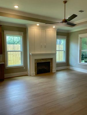Empty room, Fireplace, Interior, Recessed Lighting, Wood Texture Flooring