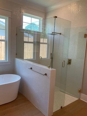 Bathroom, Free Standing Baths, Glass Shower, Interior, Wood Texture Flooring