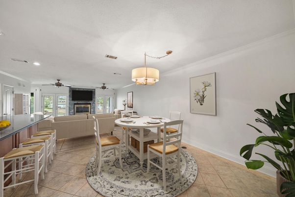 Chandelier, Dining room, Fireplace, Interior, Living room, Recessed Lighting