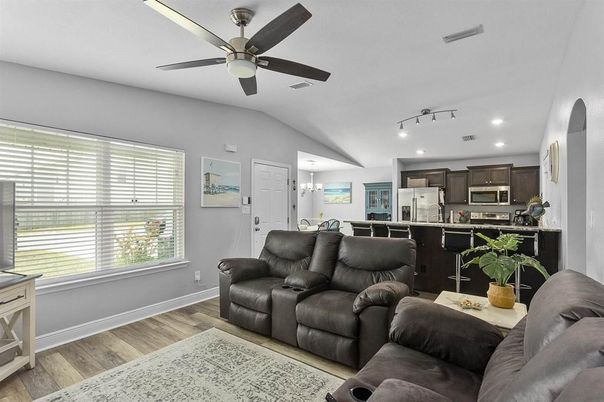 Interior, Kitchen, Living room, Recessed Lighting, Stainless Steel Appliances, Wood Texture Flooring