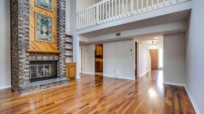 Fireplace, Interior, Pendant Lights, Recessed Lighting, Wood Texture Flooring
