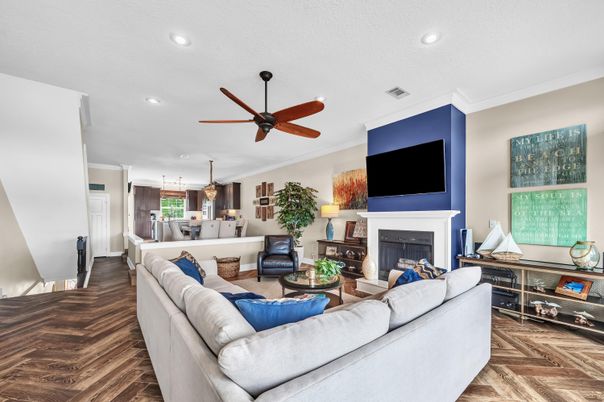 Fireplace, Interior, Kitchen, Living room, Pendant Lights, Recessed Lighting, Wood Texture Flooring