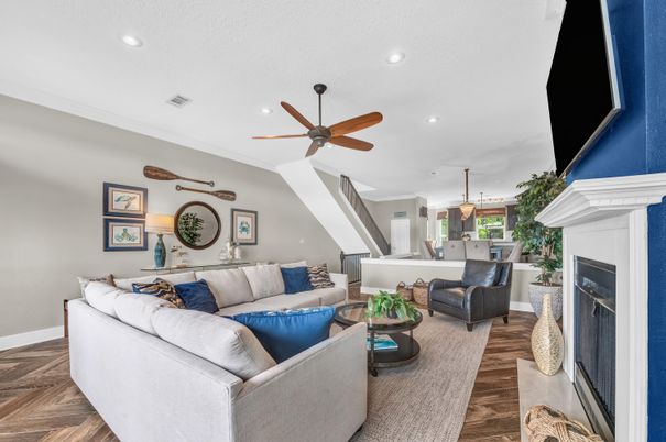 Fireplace, Interior, Kitchen, Living room, Pendant Lights, Recessed Lighting, Wood Texture Flooring