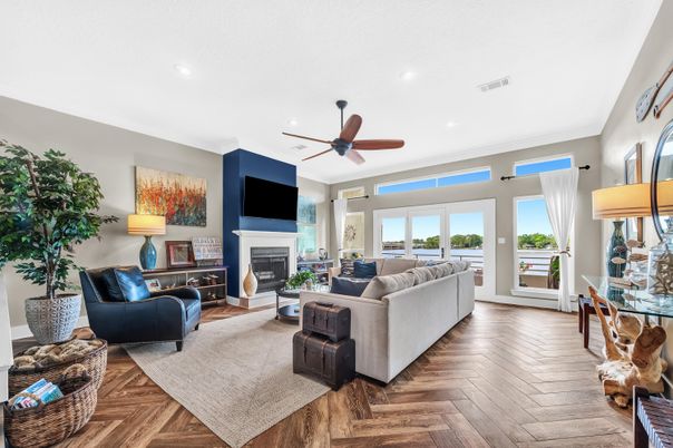 Fireplace, Interior, Living room, Recessed Lighting, Wood Texture Flooring