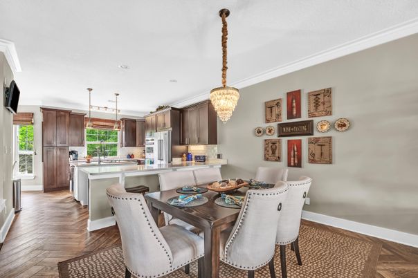 Chandelier, Dining room, Interior, Kitchen, Pendant Lights, Recessed Lighting, Wood Texture Flooring