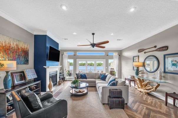 Fireplace, Interior, Living room, Recessed Lighting, Wood Texture Flooring