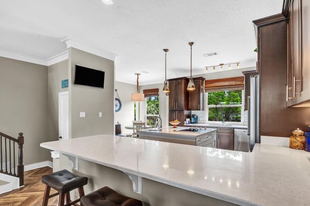 Interior, Kitchen, Pendant Lights, Recessed Lighting, Wood Texture Flooring