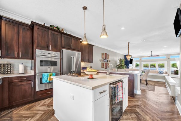 Dining room, Interior, Kitchen, Pendant Lights, Recessed Lighting, Stainless Steel Appliances, Wood Texture Flooring