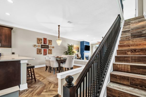 Dining room, Interior, Pendant Lights, Recessed Lighting, Wood Texture Flooring