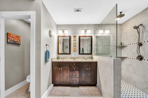 Bathroom, Dual Sink Vanities, Glass Shower, Interior, Marble Walls