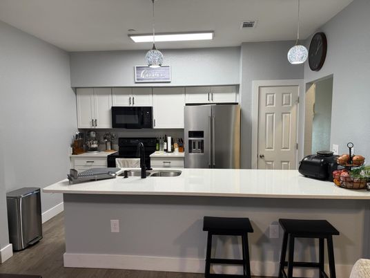 Interior, Kitchen, Pendant Lights, Stainless Steel Appliances, Wood Texture Flooring