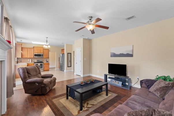 Chandelier, Interior, Kitchen, Living room, Stainless Steel Appliances, Wood Texture Flooring