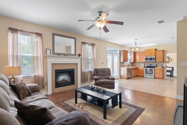 Fireplace, Interior, Kitchen, Living room, Stainless Steel Appliances, Wood Texture Flooring