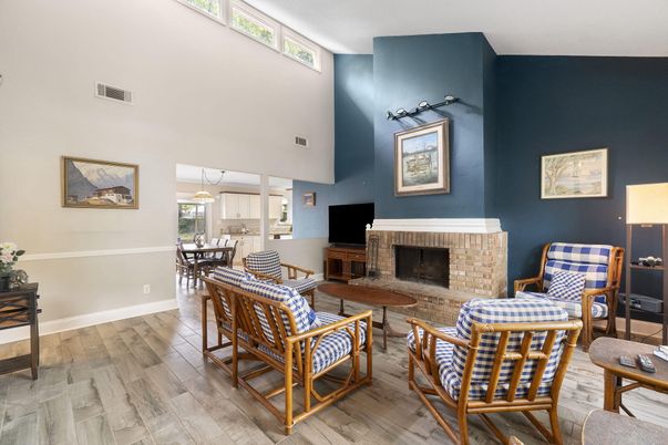 Dining room, Fireplace, Interior, Living room, Pendant Lights, Wood Texture Flooring