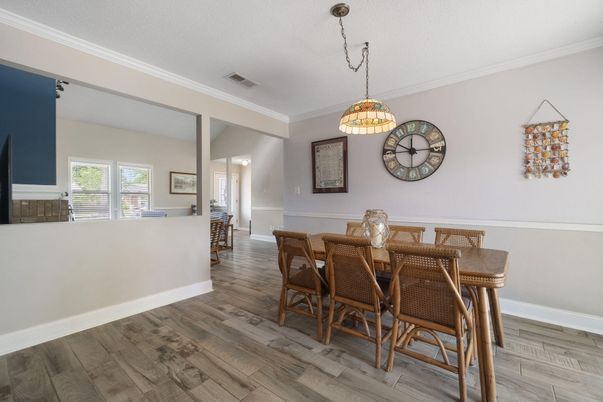 Dining room, Interior, Pendant Lights, Wood Texture Flooring