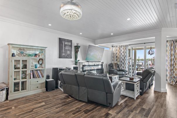 Chandelier, Interior, Living room, Recessed Lighting, Wood Texture Flooring