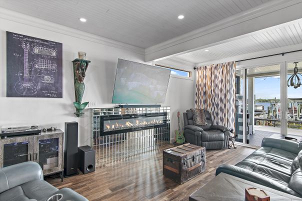Fireplace, Interior, Living room, Recessed Lighting, Wood Texture Flooring