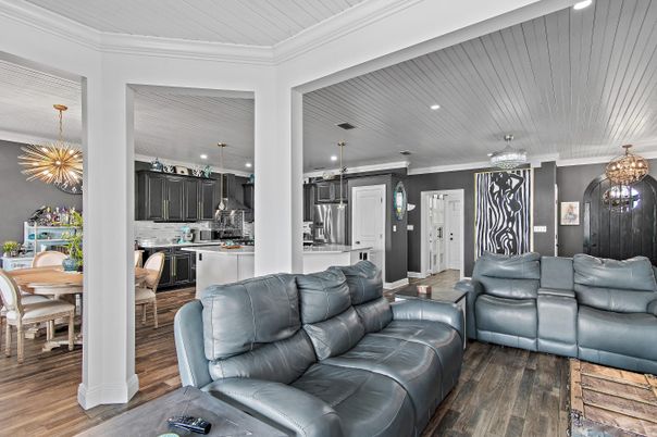 Dining room, Interior, Kitchen, Living room, Pendant Lights, Recessed Lighting, Stainless Steel Appliances, Wood Texture Flooring
