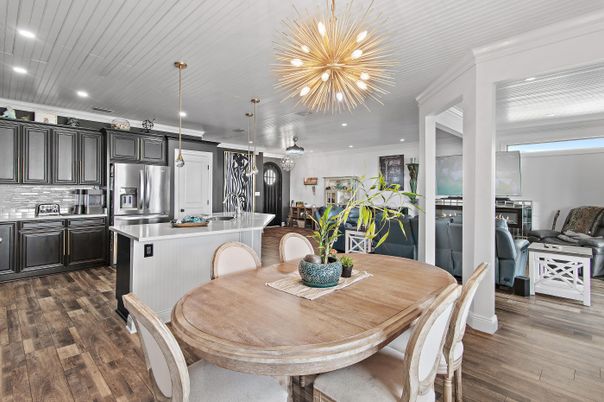 Dining room, Interior, Kitchen, Pendant Lights, Recessed Lighting, Stainless Steel Appliances, Wood Texture Flooring