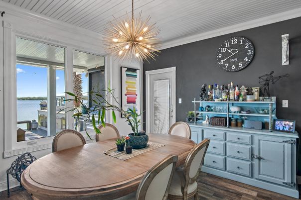 Dining room, Interior, Pendant Lights, Water, Wood Texture Flooring