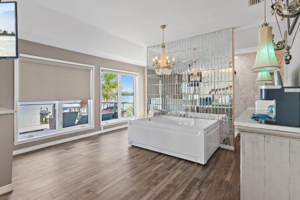 Bathroom, Chandelier, Interior, Wood Texture Flooring