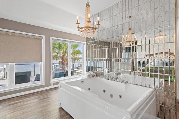 Bathroom, Chandelier, Interior, Wood Texture Flooring