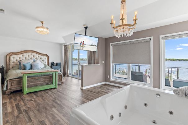 Bedroom, Chandelier, Interior, Water, Wood Texture Flooring