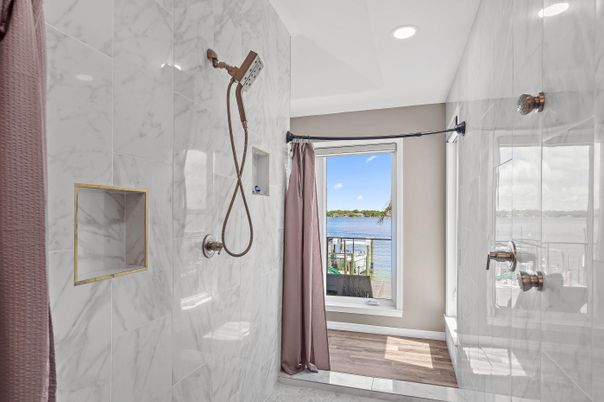 Bathroom, Glass Shower, Interior, Marble Walls, Recessed Lighting, Water, Wood Texture Flooring