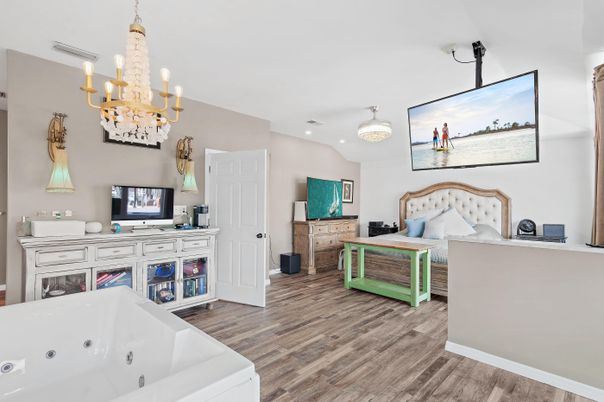 Bedroom, Chandelier, Interior, Recessed Lighting, Wood Texture Flooring