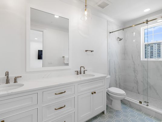 Bathroom, Dual Sink Vanities, Glass Shower, Interior, Marble Walls, Recessed Lighting