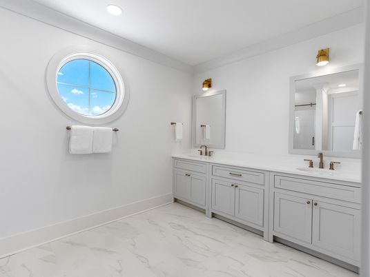 Bathroom, Dual Sink Vanities, Interior, Marble, Recessed Lighting