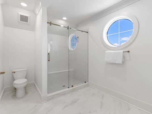 Bathroom, Glass Shower, Interior, Marble, Recessed Lighting