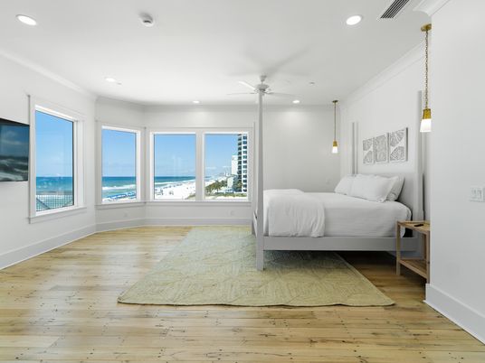 Bedroom, Interior, Pendant Lights, Recessed Lighting, Water, Wood Texture Flooring