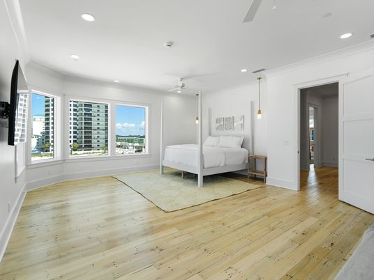 Bedroom, Interior, Pendant Lights, Recessed Lighting, Wood Texture Flooring