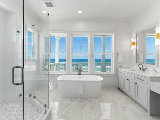 Bathroom, Dual Sink Vanities, Free Standing Baths, Glass Shower, Interior, Marble, Recessed Lighting, Water