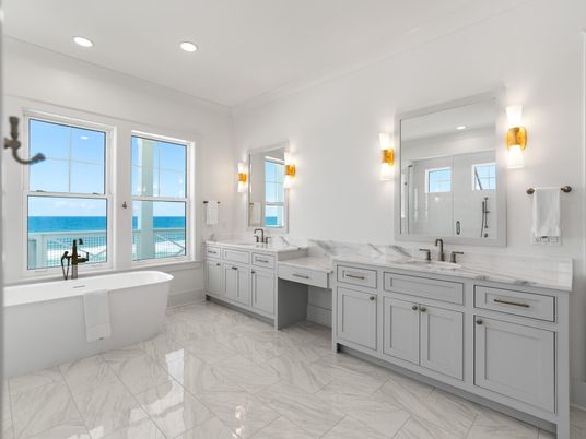 Bathroom, Dual Sink Vanities, Free Standing Baths, Interior, Marble, Recessed Lighting, Water