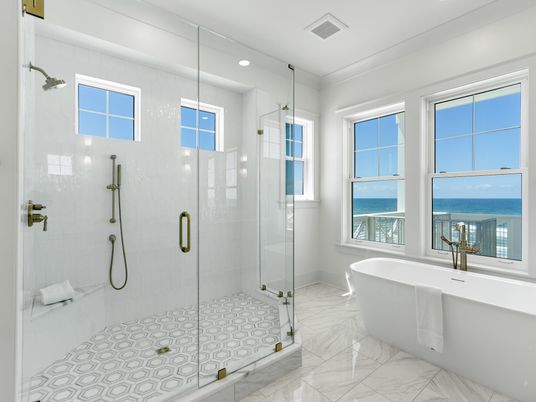 Bathroom, Free Standing Baths, Glass Shower, Interior, Marble, Marble Walls, Recessed Lighting, Water