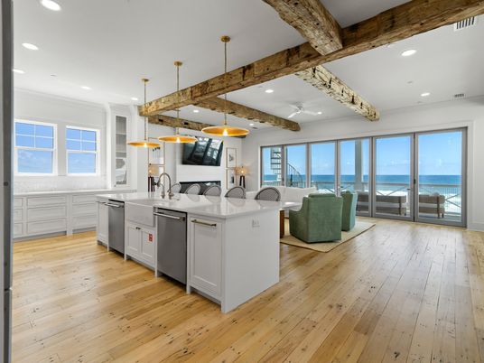 Interior, Kitchen, Living room, Pendant Lights, Recessed Lighting, Stainless Steel Appliances, Water, Wooden Beams, Wood Texture Flooring