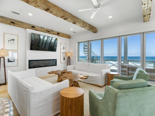 Fireplace, Interior, Living room, Recessed Lighting, Water, Wooden Beams, Wood Texture Flooring