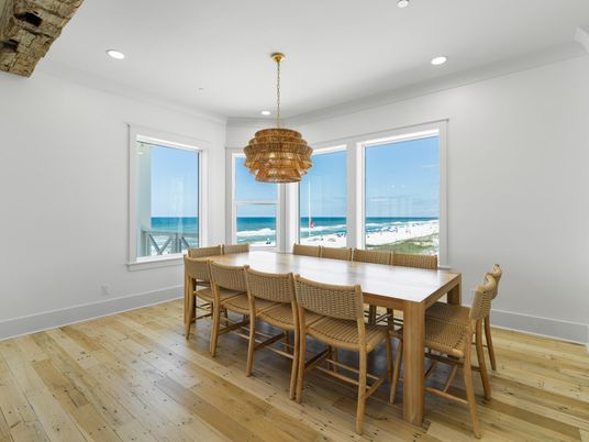 Chandelier, Dining room, Interior, Recessed Lighting, Water, Wood Texture Flooring
